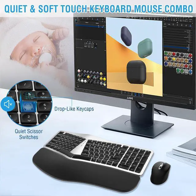 Alt view image 5 of 5 - Ergonomic Wireless Keyboard Mouse Combo, EDJO Bluetooth/2.4G Dual Channel, Split Design, Soft Foam Palm Rest, 4 Level DPI Adjustable Wireless Mouse, Rechargeable, for Windows/Mac/Android(Sliver)