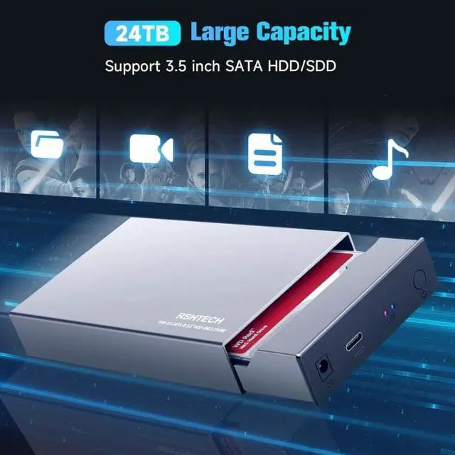 Alt view image 2 of 5 - RSHTECH Hard Drive Enclosure Upgraded Version 3.5" Aluminum USB C to SATA External Hard Drive Dock Case for 3.5 inch HDD & SSD up to 24TB, with 2-in-1 USB Cable, Support UASP