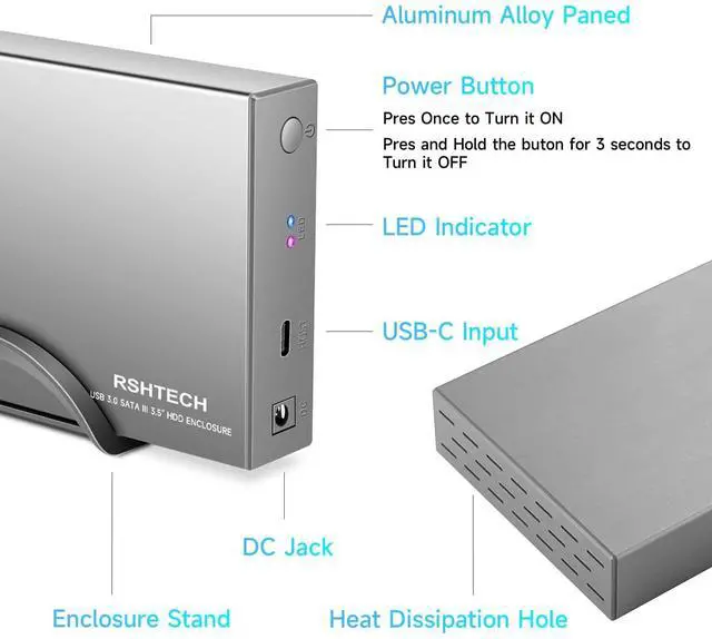 Alt view image 5 of 5 - RSHTECH Hard Drive Enclosure Upgraded Version 3.5" Aluminum USB C to SATA External Hard Drive Dock Case for 3.5 inch HDD & SSD up to 24TB, with 2-in-1 USB Cable, Support UASP