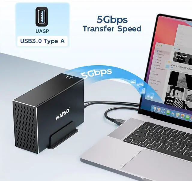 Alt view image 2 of 5 - MAIWO Dual Bay Hard Drive RAID Enclosure with Cooling Fan for 2.5/3.5 inch SATA SSD/HDD, 5Gbps USB 3.0 HDD Enclosure, 48TB Capacity, RAID 0/1/JBOD/PM, Aluminum Case