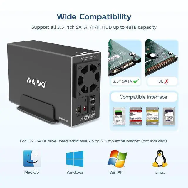 Alt view image 3 of 5 - MAIWO Dual Bay Hard Drive RAID Enclosure with Cooling Fan for 2.5/3.5 inch SATA SSD/HDD, 5Gbps USB 3.0 HDD Enclosure, 48TB Capacity, RAID 0/1/JBOD/PM, Aluminum Case