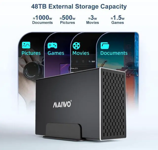 Alt view image 4 of 5 - MAIWO Dual Bay Hard Drive RAID Enclosure with Cooling Fan for 2.5/3.5 inch SATA SSD/HDD, 5Gbps USB 3.0 HDD Enclosure, 48TB Capacity, RAID 0/1/JBOD/PM, Aluminum Case