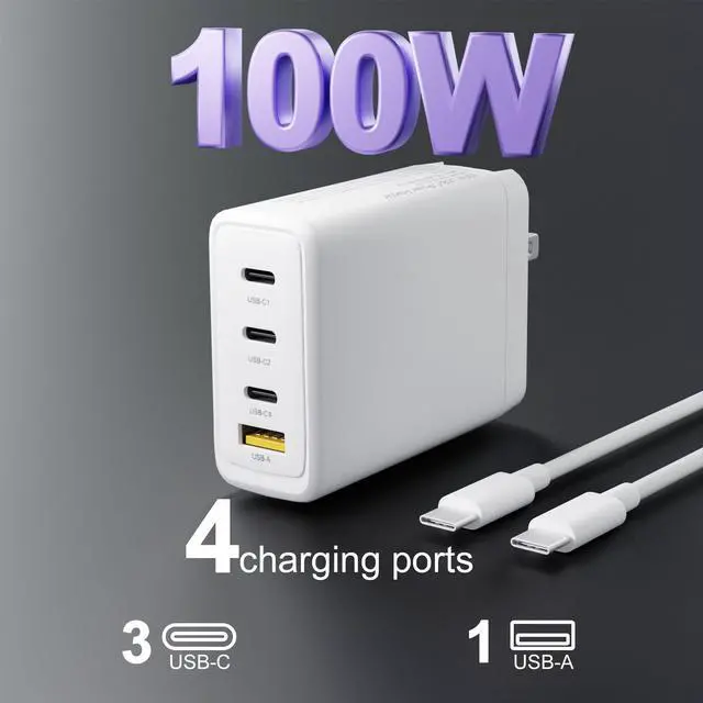 Alt view image 3 of 5 - Damusy GaN 100W USB-C Laptop Charger - Fit for HP, Lenovo, ASUS, Samsung, MacBook Pro, Air, iPad Pro, Acer, LG, Razer, Dell Laptop, 4-Ports Charging Station Type C Adapter with 5ft AC Cable