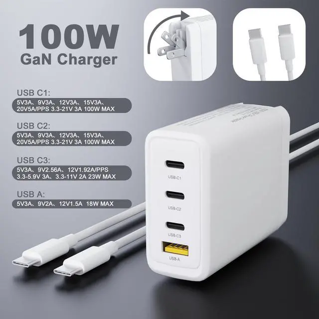 Alt view image 2 of 5 - Damusy GaN 100W USB-C Laptop Charger - Fit for HP, Lenovo, ASUS, Samsung, MacBook Pro, Air, iPad Pro, Acer, LG, Razer, Dell Laptop, 4-Ports Charging Station Type C Adapter with 5ft AC Cable