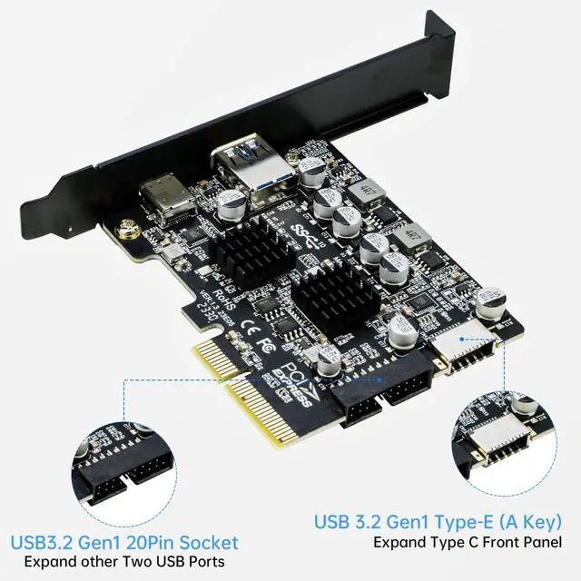 Alt view image 4 of 5 - USB 3.1 PCIe Card, RIITOP PCI-e 3.0 to USB3.2 Gen1 Adapter (10Gbps) Expands to 20Pin + Type-E + 1xUSB 3.0 + 1x USB C