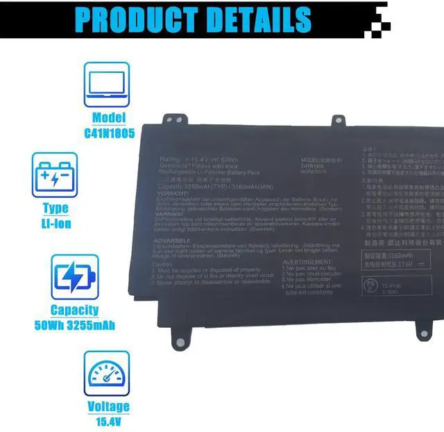 Alt view image 2 of 5 - AOMKA C41N1805 Laptop Battery Replacement for Asus ROG Zephyrus S GX531 GX531GS GX531GM Series 0B200-03020000 0B20003020000 C41PKC5 15.4V 50Wh 3255mAh