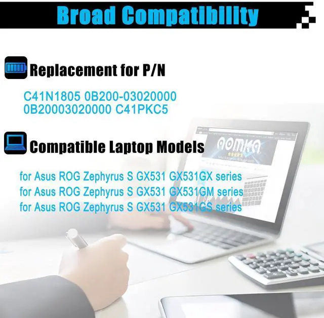 Alt view image 3 of 5 - AOMKA C41N1805 Laptop Battery Replacement for Asus ROG Zephyrus S GX531 GX531GS GX531GM Series 0B200-03020000 0B20003020000 C41PKC5 15.4V 50Wh 3255mAh