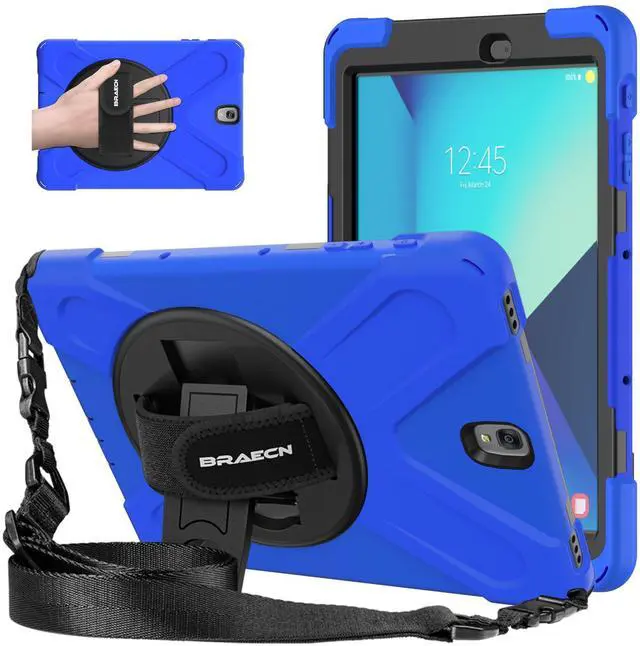 Main image of BRAECNstock for Samsung Galaxy Tab S3 Case 9.7 inch 2017 (SM-T820/T825/T827) Shockproof Protective Cover with 360° Rotating Hand Strap & Kickstand Shoulder Strap Samsung Case SM-T820 for Kids - Blue