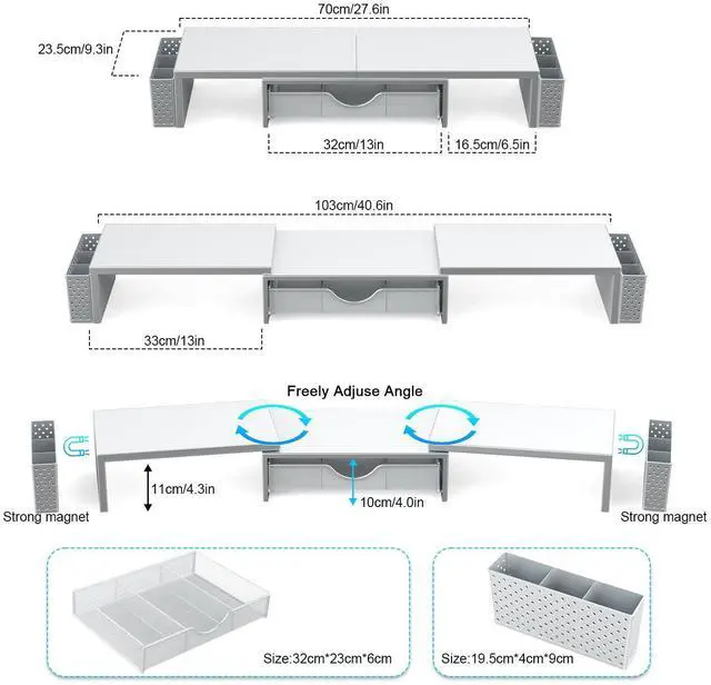 Alt view image 3 of 5 - Spacrea Metal Desk Organizers and Accessories, Dual Monitor Stand Riser with Drawer and 2 Pen Holders, Desk Accessories & Workspace Desktop Organizers for Office Supplies (White)