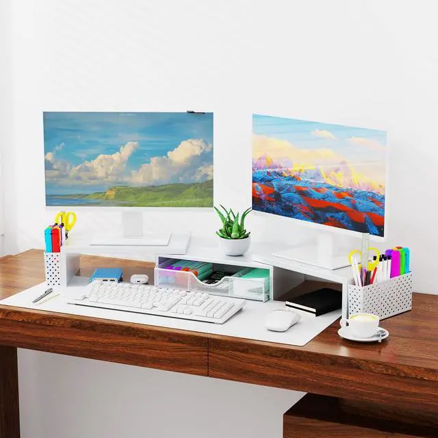 Alt view image 2 of 5 - Spacrea Metal Desk Organizers and Accessories, Dual Monitor Stand Riser with Drawer and 2 Pen Holders, Desk Accessories & Workspace Desktop Organizers for Office Supplies (White)