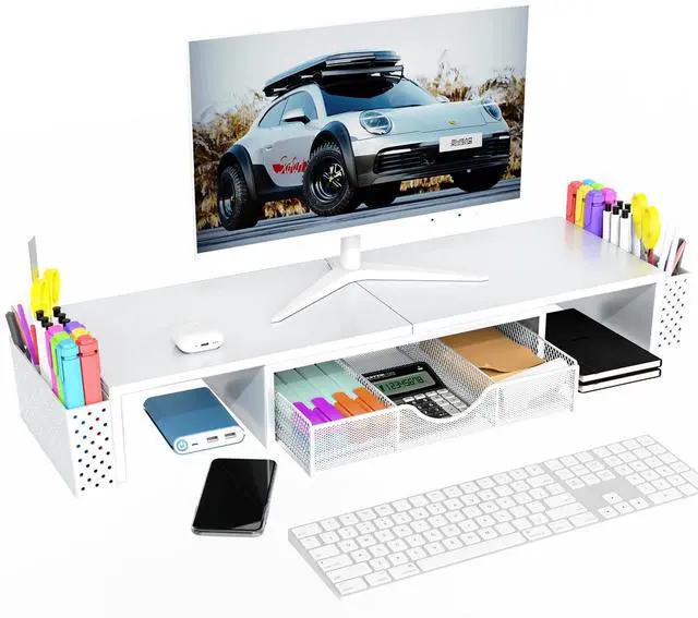 Alt view image 4 of 5 - Spacrea Metal Desk Organizers and Accessories, Dual Monitor Stand Riser with Drawer and 2 Pen Holders, Desk Accessories & Workspace Desktop Organizers for Office Supplies (White)