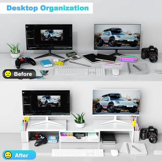 Alt view image 5 of 5 - Spacrea Metal Desk Organizers and Accessories, Dual Monitor Stand Riser with Drawer and 2 Pen Holders, Desk Accessories & Workspace Desktop Organizers for Office Supplies (White)