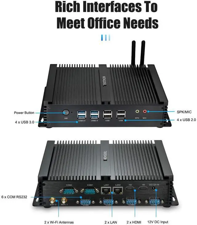 Alt view image 4 of 5 - KINGDEL Fanless Mini Desktop PC, Industrial Computer with Core i7 CPU, 8GB RAM, 256GB SSD, 2xNICs, 2xHD Ports, 4xUSB 3.0, 6xCOM RS232, WF, Full Metal Case, Silent Working