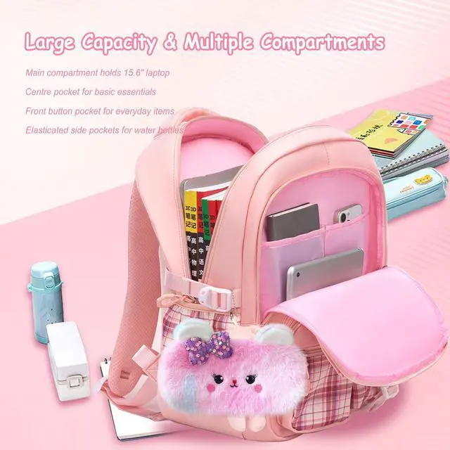 Alt view image 5 of 5 - 3PCS Kids Backpack Set Cute School Backpack for Girls, Kawaii Teen Laptop Bag Multipocket Daypack Lightweight Schoolbag, Large Capacity Double Shoulder Backpack for Primary Elementary School, Purple