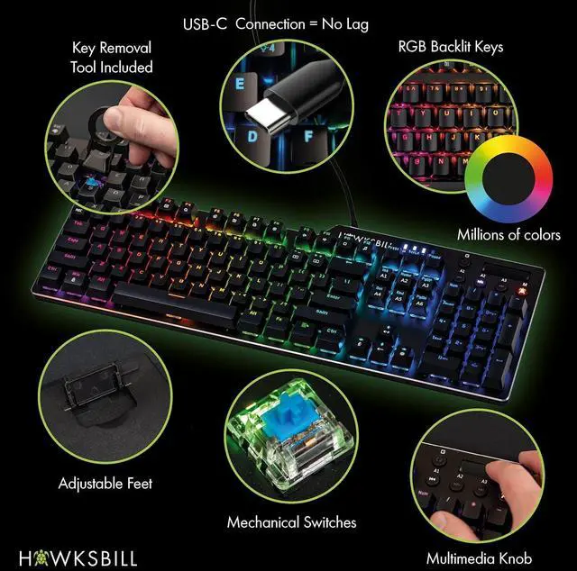 Alt view image 2 of 5 - Hawksbill Scorpion V1 Wired Mechanical Gaming Keyboard - USB-A W/USB-C Connection Adaptor  Tactile & Clicky  Brilliant RGB Lighting Customizable Keys & Multimedia Function 104 Keys