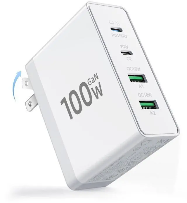 Main image of USB C Charger Block, 100W Fast GaN 4-Port USB Wall Charger, Foldable Plug Laptop Adapter for MacBook Pro/Air, Dell XPS,iPad Pro,iPhone,Galaxy S24/S23, Note 20/10+