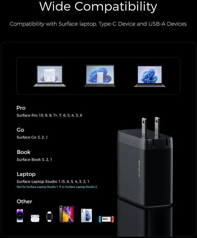Alt view image 5 of 5 - EG evgoer 65W Surface Pro Charger,Microsoft Windows Surface Charger for Surface Pro 3/4/5/6/7/8/9/10/X Power Adapter,Compatible for Both Microsoft Surface Book/Laptop/Tablet,Support 44W 36W