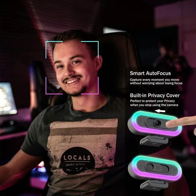 Alt view image 5 of 5 - Hrayzan 2K Webcam for PC, Plug and Play USB C Webcam with Dual Microphones,Ring Light,Fill RGB Light & Cover,Autofocus,65°FOV,1080P@60FPS, PC Web Camera for Desktop Computer Laptop Mac Zoom Streaming