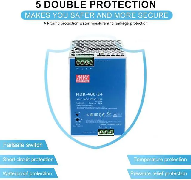 Alt view image 5 of 5 - DineDeck NDR-480-24 24V 20A 480W Single Output Switching Power Supply, Active PFC, Industrial Automation Control Systems