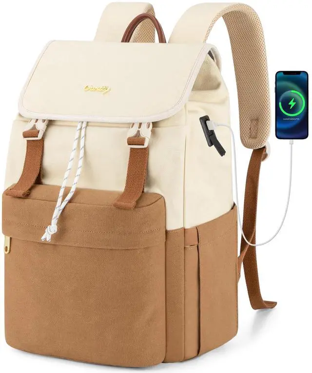 Main image of Orvilly Vintage Canvas Laptop Backpack for Women,15.6" Laptop College Rucksack with USB/Type-C Charging Port,Fashion Lightweight Bookbag Hiking Casual Daypack Backpacks for Travel WorkBrown & Beige