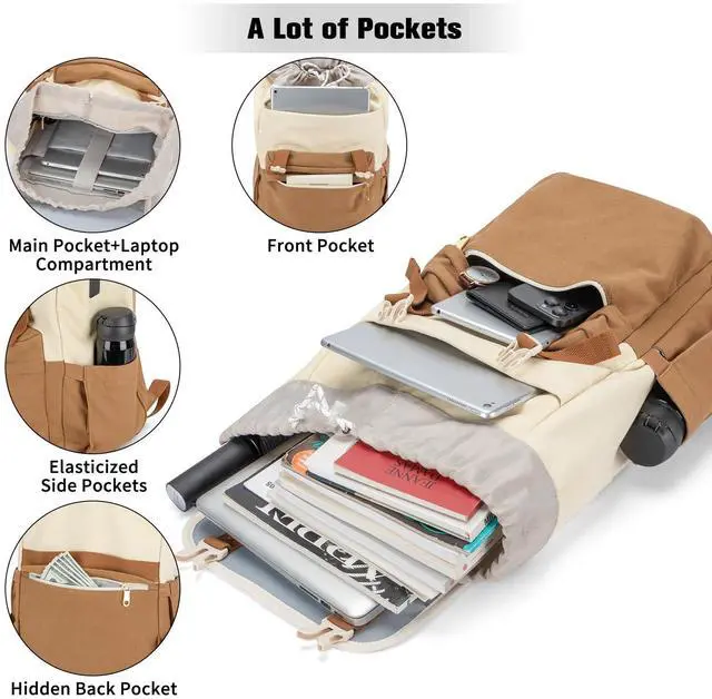 Alt view image 2 of 5 - Orvilly Vintage Canvas Laptop Backpack for Women,15.6" Laptop College Rucksack with USB/Type-C Charging Port,Fashion Lightweight Bookbag Hiking Casual Daypack Backpacks for Travel WorkBrown & Beige