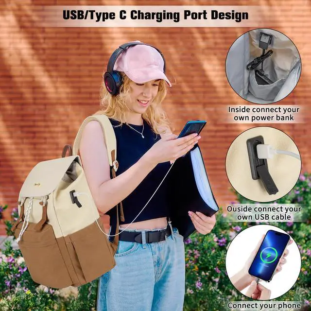 Alt view image 3 of 5 - Orvilly Vintage Canvas Laptop Backpack for Women,15.6" Laptop College Rucksack with USB/Type-C Charging Port,Fashion Lightweight Bookbag Hiking Casual Daypack Backpacks for Travel WorkBrown & Beige