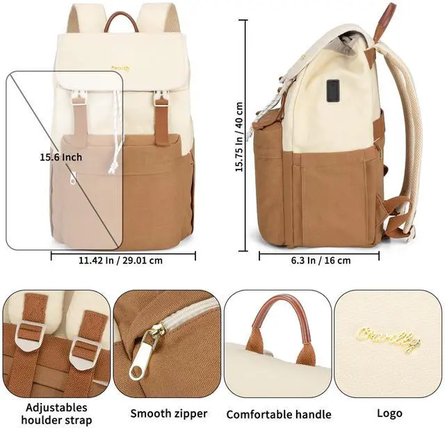 Alt view image 4 of 5 - Orvilly Vintage Canvas Laptop Backpack for Women,15.6" Laptop College Rucksack with USB/Type-C Charging Port,Fashion Lightweight Bookbag Hiking Casual Daypack Backpacks for Travel WorkBrown & Beige