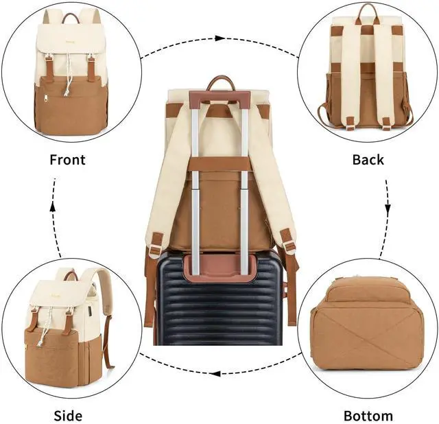 Alt view image 5 of 5 - Orvilly Vintage Canvas Laptop Backpack for Women,15.6" Laptop College Rucksack with USB/Type-C Charging Port,Fashion Lightweight Bookbag Hiking Casual Daypack Backpacks for Travel WorkBrown & Beige