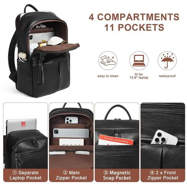 Alt view image 4 of 5 - Mroede Laptop Backpack for Women 15.6" Leather Backpacks Purse Work Computer Backpack for Travel College Business,Black