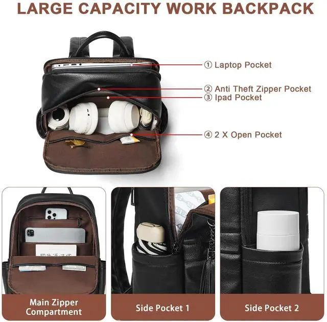 Alt view image 5 of 5 - Mroede Laptop Backpack for Women 15.6" Leather Backpacks Purse Work Computer Backpack for Travel College Business,Black