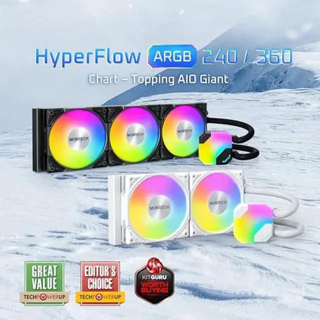 Alt view image 2 of 5 - MONTECH HyperFlow ARGB 360 - AIO CPU Liquid Cooler, Intel&AMD Compatible, Chart-Topping Performance, Enhanced 3100RPM Water Pump Design, 3X Metal Pro 12 ARGB Ultimate Cooling Fans - Black