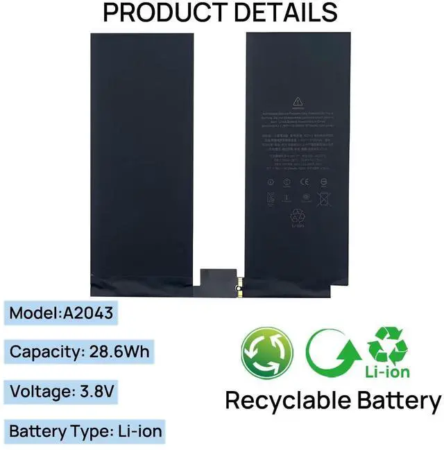 Alt view image 2 of 5 - BORSCELLOR A2043 Battery Compatible with iPad Pro 12.9" 3rd Gen 2018 4th Gen 2020 A1895 A1983 A1876 A2069 A2232 A2233 A2229 A2014