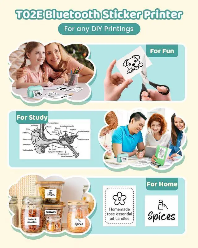 Alt view image 5 of 5 - HIHTV T02E Mini Sticker Printer with 3 Rolls White Self-Adhesive Sticker Paper