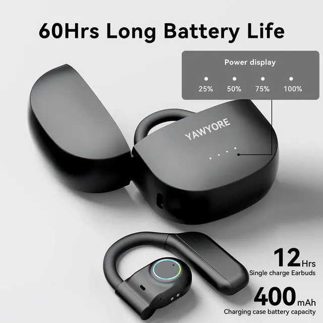 Alt view image 5 of 7 - YAWYORE Open Ear Headphones Wireless Bluetooth 5.3 Earbuds with Earhooks Microphone Clear Sound,60H Playtime IPX7 Waterproof, Light Weight Comfortable Fit,Suitable for Running,Workouts(Black)