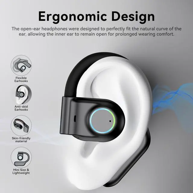 Alt view image 7 of 7 - YAWYORE Open Ear Headphones Wireless Bluetooth 5.3 Earbuds with Earhooks Microphone Clear Sound,60H Playtime IPX7 Waterproof, Light Weight Comfortable Fit,Suitable for Running,Workouts(Black)