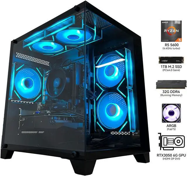 Alt view image 3 of 6 - YAWYORE Gaming PC Desktop Computer,AMD Ryzen 5 5600,RTX3050 6GB,32GB DDR4 RAM and 1TB M.2 NVMe PCle4.0,ARGB FAN,WiFi+BT,Game Design Office console,Sea View Room,Prebuilt Gaming PC
