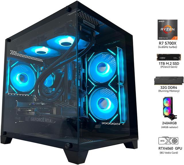 Alt view image 3 of 6 - YAWYORE Gaming PC Desktop computer, Ryzen 7 5700X,RTX 4060 ,32GB DDR4 RAM and 1TB M.2 NVMe SSD ,WiFi6E+BT5.3, 240 Liquid Cooler , ARGB Fans ,Game Design Office,Sea View Room,Windows 11 Tower Prebuilt