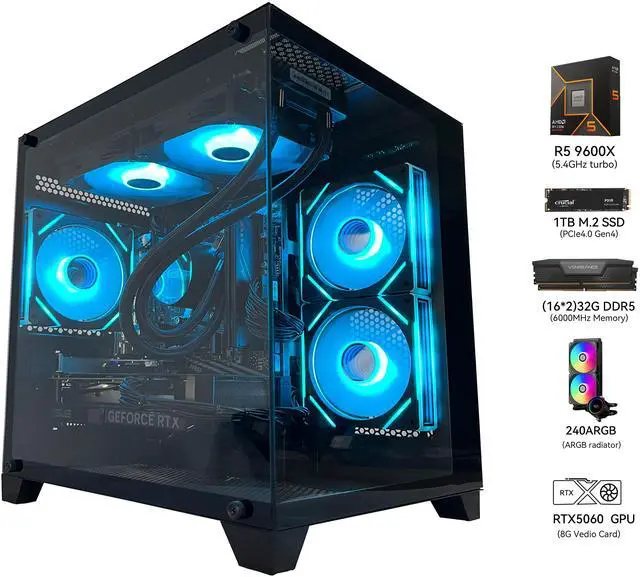 Alt view image 3 of 6 - YAWYORE Gaming PC Desktop,AMD Ryzen 5 9600X,RTX5060 8G,MSI B650M,32GB DDR5 6000 RAM and 1TB M.2 NVMe PCle4.0,Liquid Cooler ARGB FAN,Wi-Fi+BT,Game Design Office console,Sea View Room,Prebuilt Gaming PC