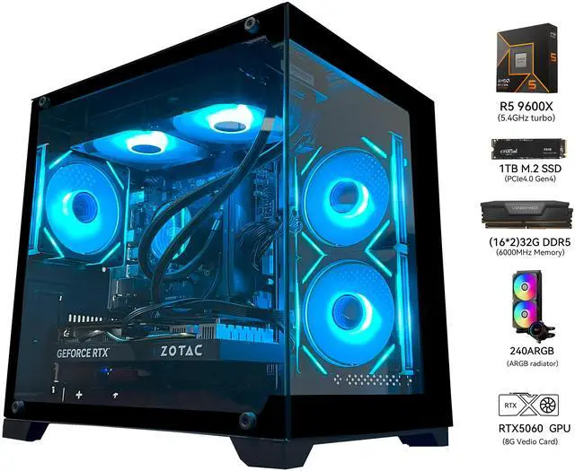 Alt view image 3 of 6 - YAWYORE Gaming PC Desktop,AMD Ryzen 5 9600X,RTX5060 8G,MSI B650M,32GB DDR5 6000 RAM and 1TB M.2 NVMe PCle4.0,Liquid Cooler ARGB FAN,Wi-Fi+BT,Game Design Office console,Sea View Room,Prebuilt Gaming PC