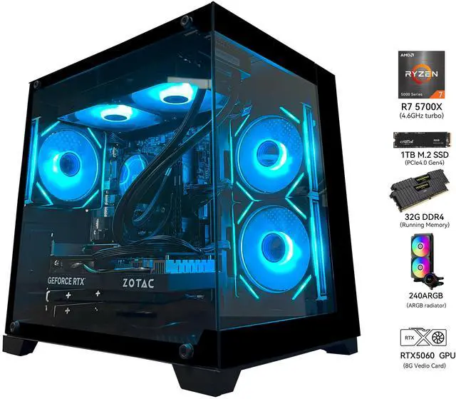 Alt view image 3 of 6 - YAWYORE Gaming PC Desktop,AMD Ryzen 7 5700X,RTX5060 8G,MSI B550M,32GB DDR4 3200 RAM and 1TB M.2 NVMe PCle4.0,Liquid Cooler ARGB FAN,Wi-Fi+BT,Game Design Office console,Sea View Room,Prebuilt Gaming PC