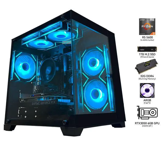 Alt view image 3 of 6 - YAWYORE Gaming PC Desktop Computer,AMD Ryzen 5 5600,RTX3050 6GB,32GB DDR4 RAM and 1TB M.2 NVMe PCle4.0,ARGB FAN,WiFi+BT,Game Design Office console,Sea View Room,Prebuilt Gaming PC