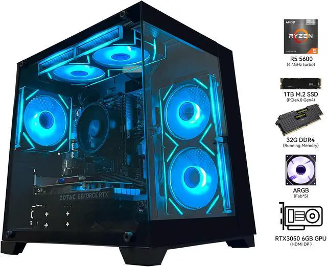 Alt view image 3 of 6 - YAWYORE Gaming PC Desktop Computer,AMD Ryzen 5 5600,RTX3050 6GB,32GB DDR4 RAM and 1TB M.2 NVMe PCle4.0,ARGB FAN,WiFi+BT,Game Design Office console,Sea View Room,Prebuilt Gaming PC