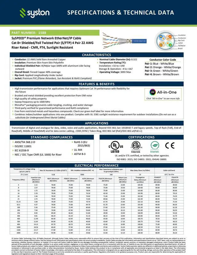 Alt view image 3 of 7 - SYSTON CABLE TECHNOLOGY CAT 8 Ethernet Bulk Cable, 2000MHz, 22/4pr Solid CU, CMR, Indoor/Outdoor 20 ft. White