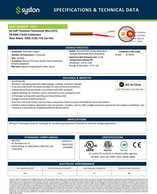 Alt view image 3 of 7 - Syston Cable Technology 18/2 Thermostat Doorbell HAVC Heating Control Cable Wire,18 AWG 2 Conductor 100% Solid Copper CL3R/FT4/CMR Riser-Rated,UV Resistant RoHS for Low Voltage Applications Use 20 ft.