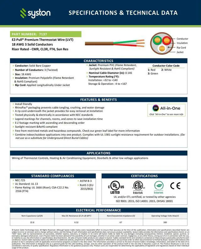Alt view image 3 of 7 - Syston Cable Technology 18/3 Thermostat Doorbell HAVC Heating Control Cable Wire, 18 AWG 3 Conductor 100% Solid Copper CL3R/FT4/CMR Riser-Rated, UV Resistant RoHS for Low Voltage Applications Use