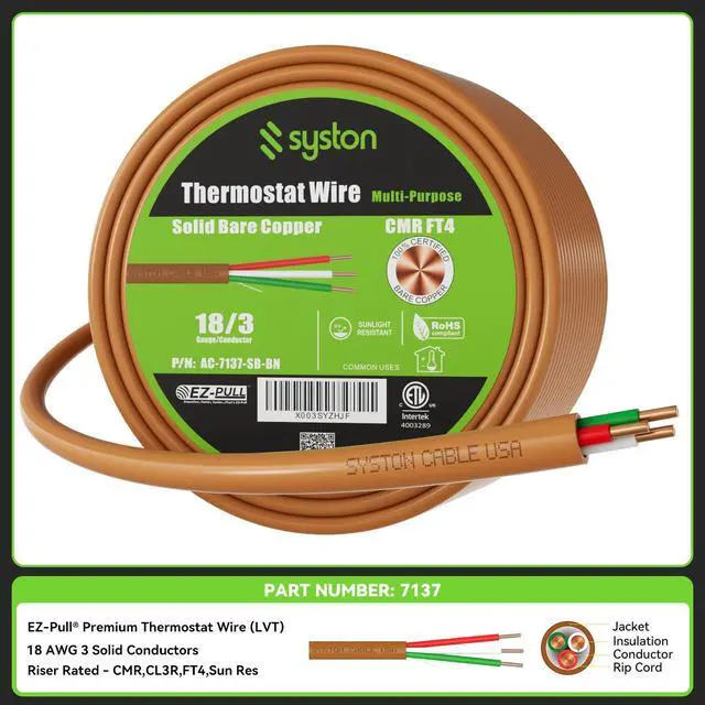 Alt view image 2 of 7 - Syston Cable Technology 18/3 Thermostat Doorbell HAVC Heating Control Cable Wire, 18 AWG 3 Conductor 100% Solid Copper CL3R/FT4/CMR Riser-Rated, UV Resistant RoHS for Low Voltage Applications Use