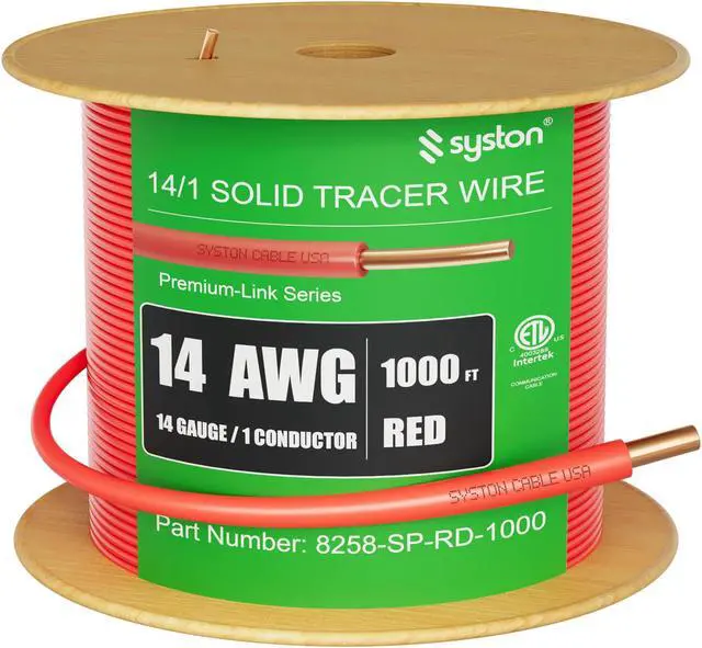 Main image of SYSTON CABLE TECHNOLOGY, 14 AWG Tracer Wire 600V Solid Conductor Direct Burial, Underground Tracer Wire for Locating Underground Pipes Line Gas Water Sewer Pipe and Fiber Optic 1000 ft.