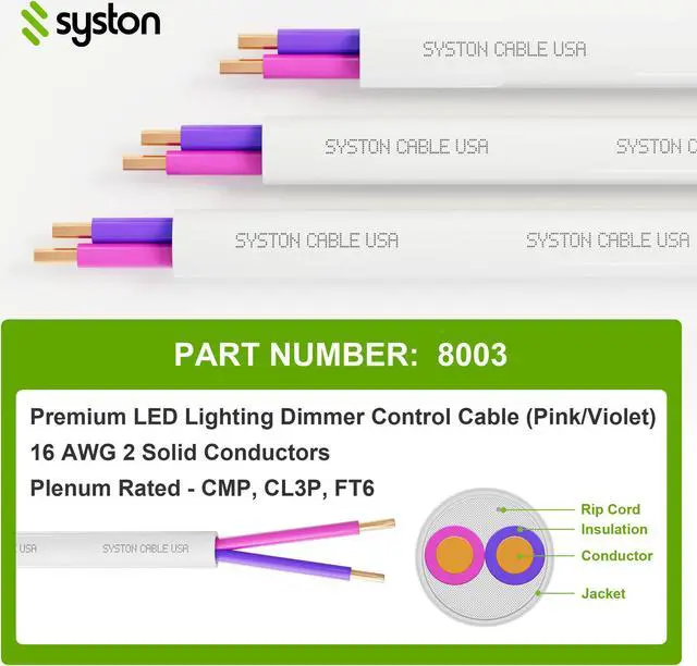 Alt view image 4 of 6 - SYSTON CABLE TECHNOLOGY 16/2 LED Lighting Dimmer Dimming Luminaire Control Wire Cable,16 AWG 2 Conductors Solid Bare Copper Unshielded Plenum Rated CMP CL3P FT6, for Ballast Wiring and Connection