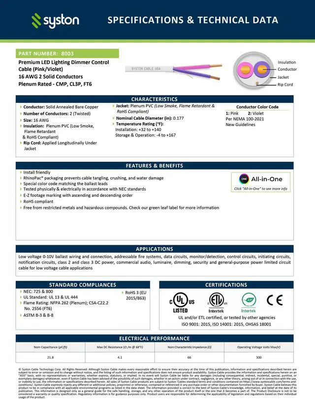 Alt view image 2 of 6 - SYSTON CABLE TECHNOLOGY 16/2 LED Lighting Dimmer Dimming Luminaire Control Wire Cable,16 AWG 2 Conductors Solid Bare Copper Unshielded Plenum Rated CMP CL3P FT6, for Ballast Wiring and Connection
