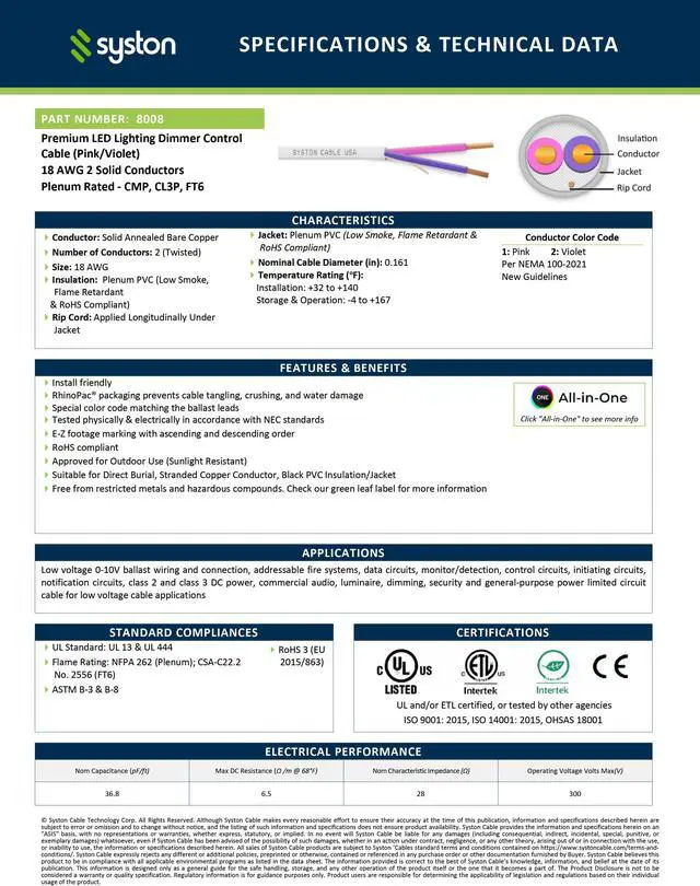 Alt view image 3 of 7 - SYSTON CABLE TECHNOLOGY 18/2 LED Lighting Dimmer Dimming Luminaire Control Wire Cable,18 AWG 2 Conductors Solid Bare Copper Unshielded Plenum Rated CMP CL3P FT6, for Ballast Wiring and Connection